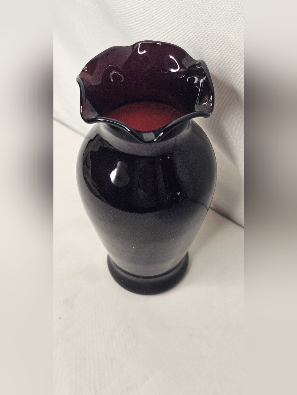 Vintage Black Amethyst Glass Ruffled Vase | 5.5" Dark Purple Crimped Rim Urn - Picture 3 of 7